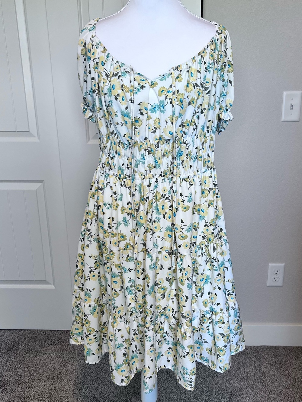 Liberty Love White Boho Cottage core Midi Dress Blue Yellow Floral Print Sz 2XL